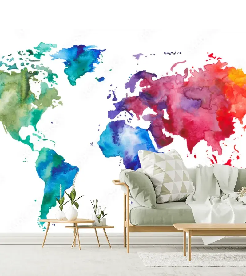 Papel Tapiz Mapa del Mundo Acuarela Multicolor para Decoración Moderna