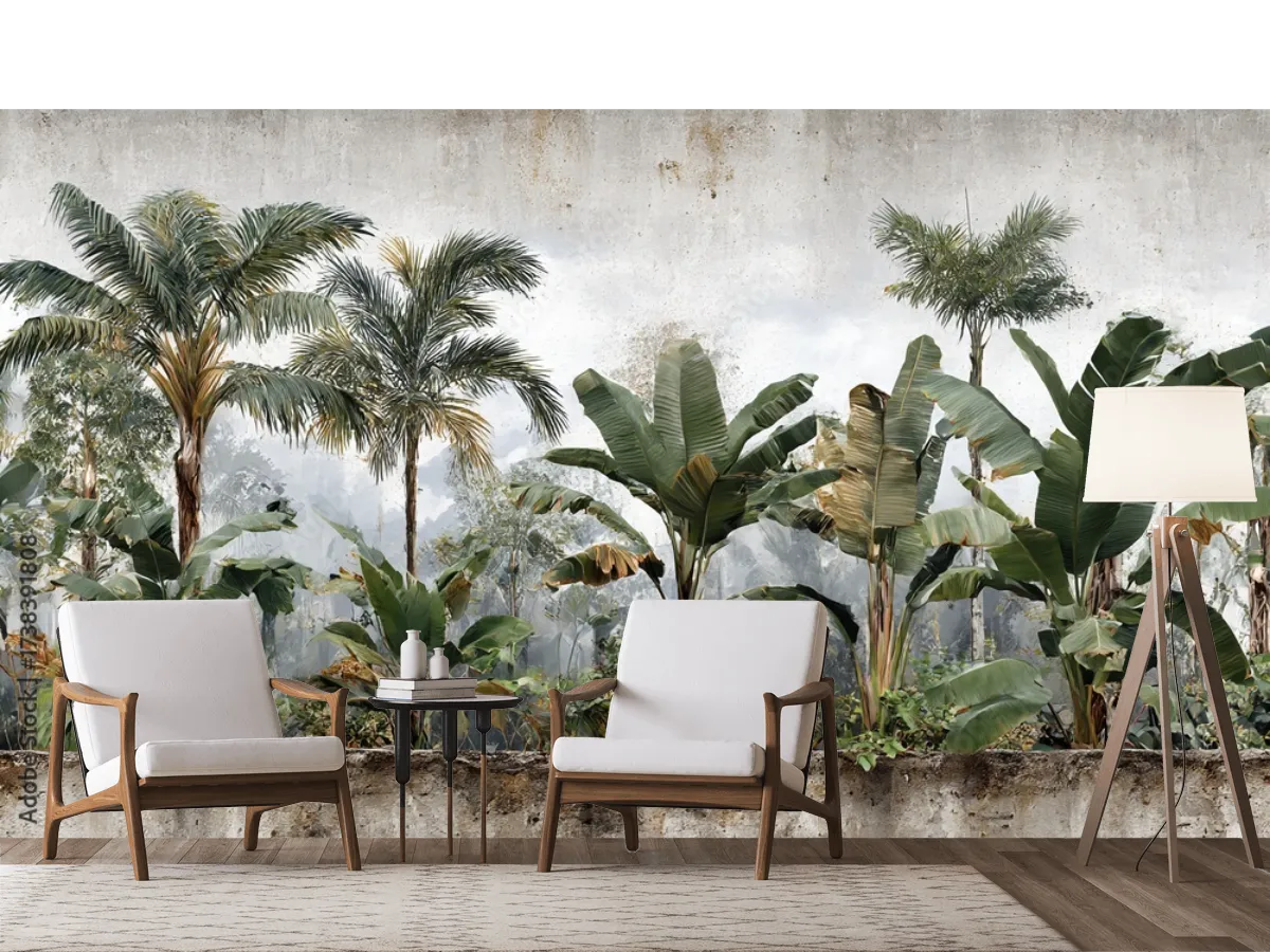Mural Tropical Palmaría para Sala, Vinil Arquitectónico o Tapiz Decorativo