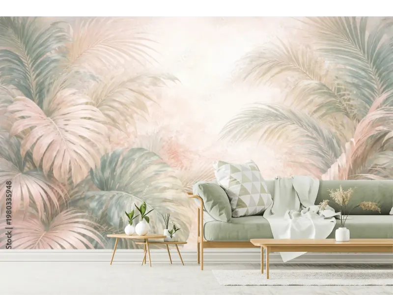 Mural Oasis Palm Dream pastel para sala y recámara - Vinil Arquitectónico