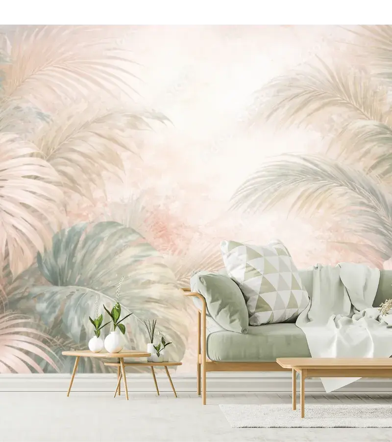 Mural Oasis Palm Dream pastel para sala y recámara - Vinil Arquitectónico