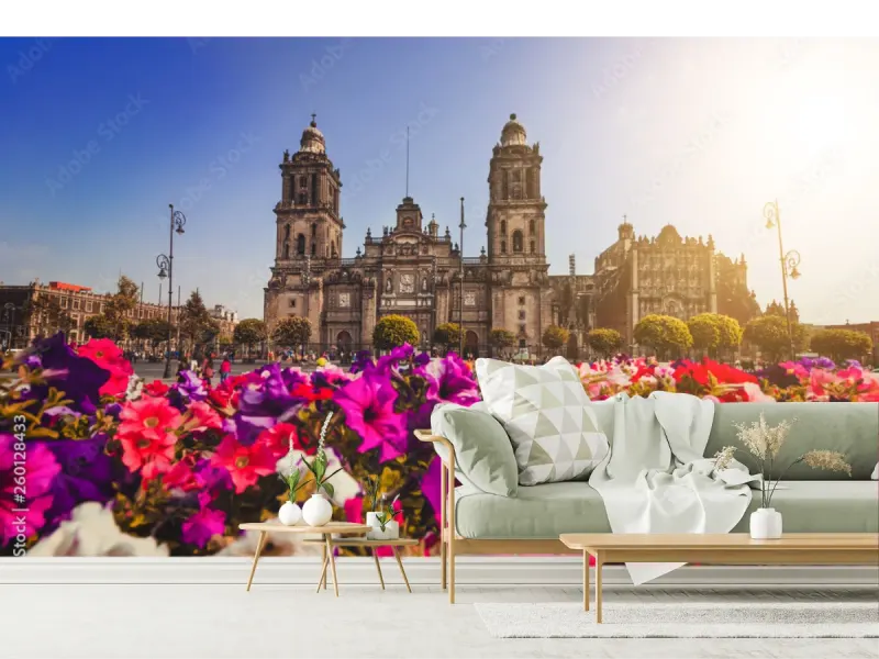 Mural Catedral y Flores CDMX | Fotomural decorativo para sala - Vinil, Papel Tapiz o Contract