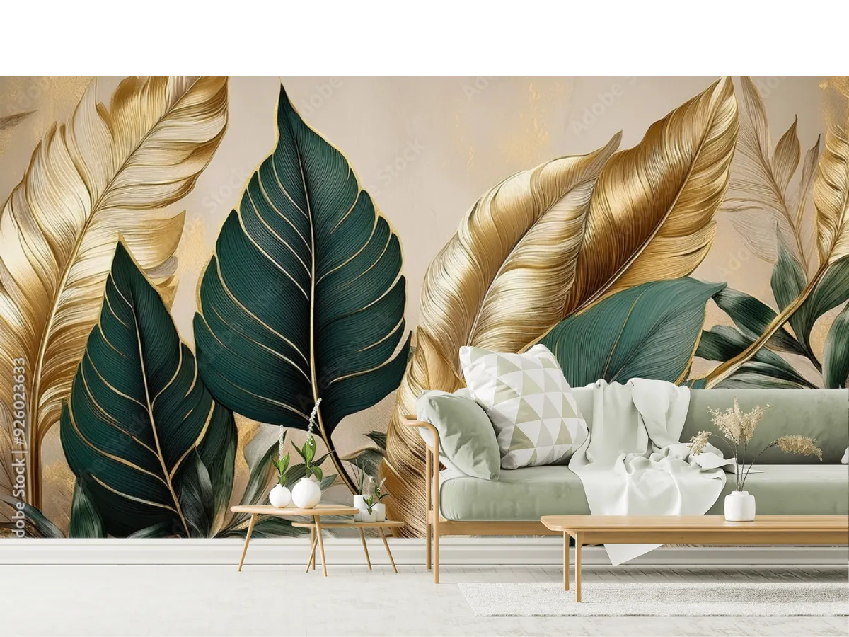 Mural Selva Dorada Lujo – Fotomural Decorativo en Vinil o Papel Tapiz para Sala