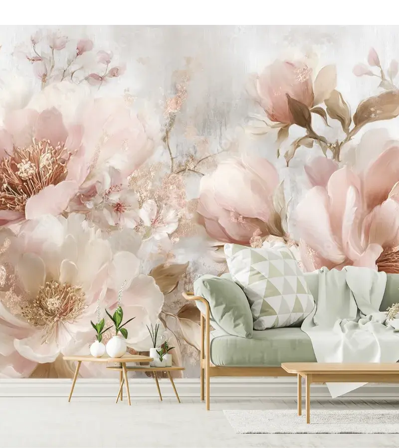 Mural Floral Romántico en Vinil Arquitectónico – Fotomural Pared Decorativo para Sala