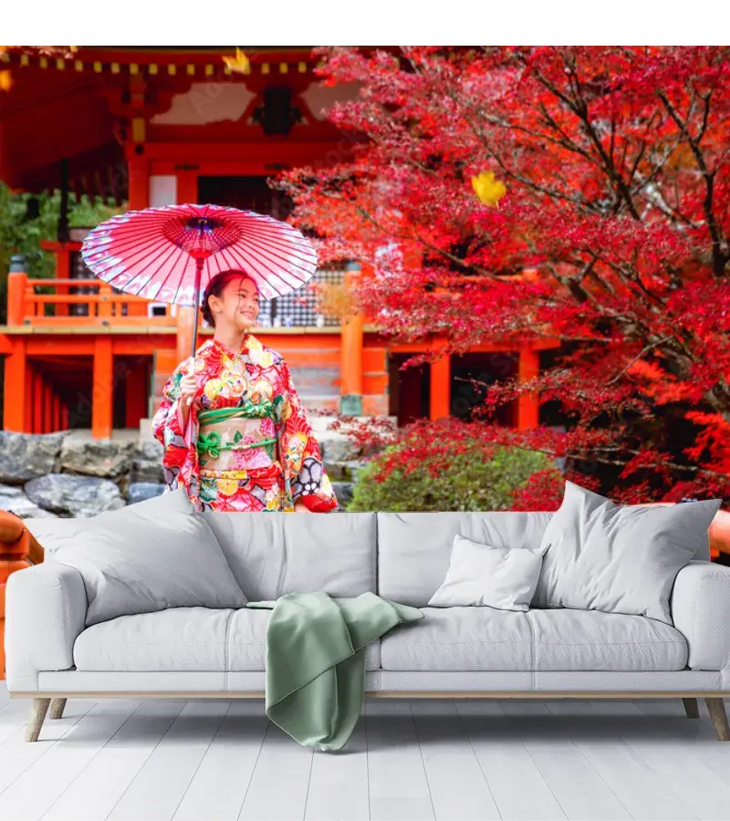 Mural Sakura Kimono Rojo – Fotomural Decorativo Inspiración Japonesa