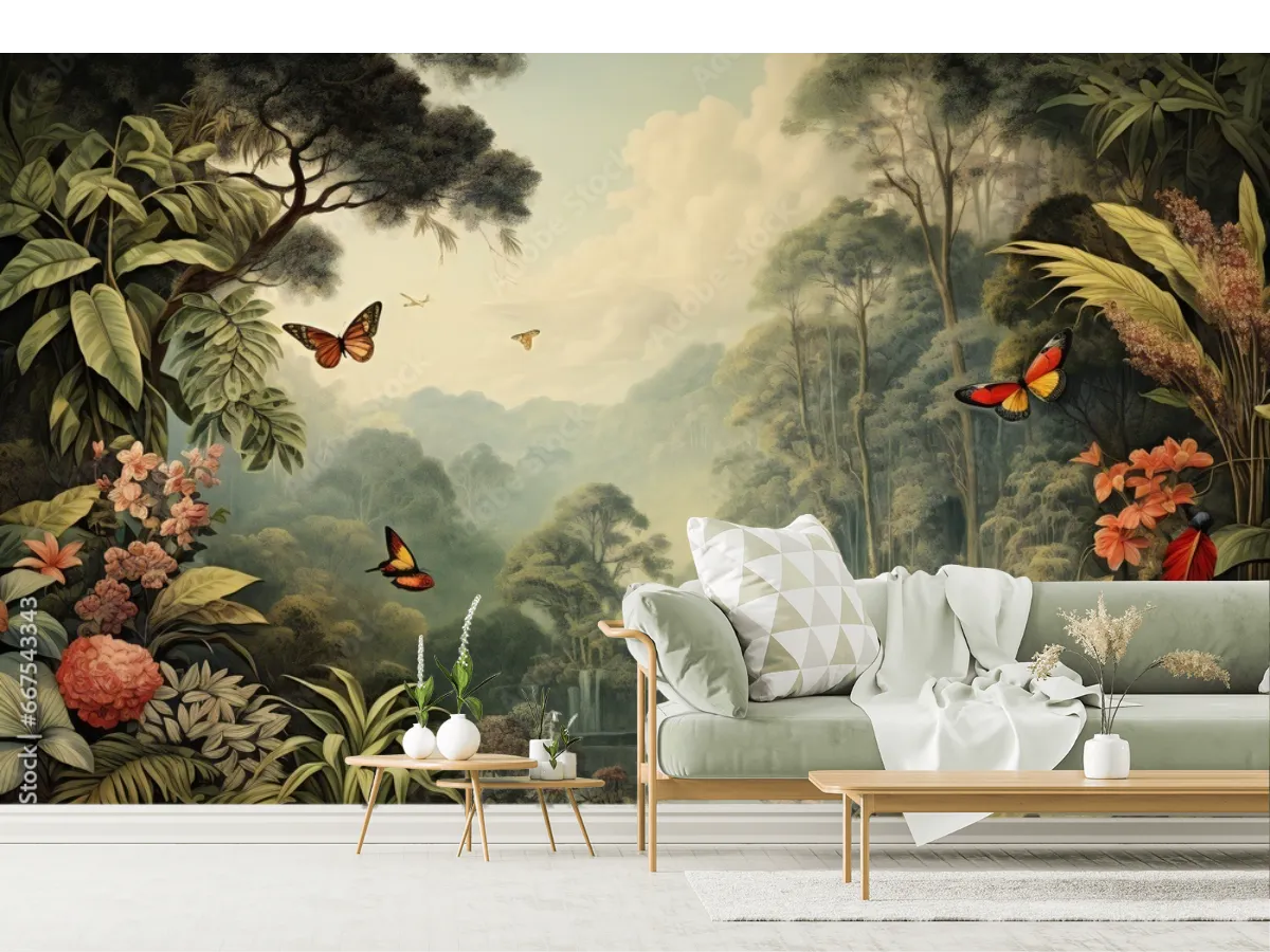 Mural Bosque Encantado con Mariposas para Sala y Oficina | Vinil, Papel Tapiz o Contract