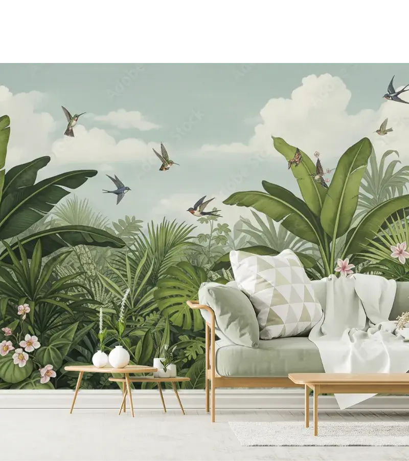 Mural Tropical Encanto Botánico para Sala o Recámara - Vinil Arquitectónico y Tapiz