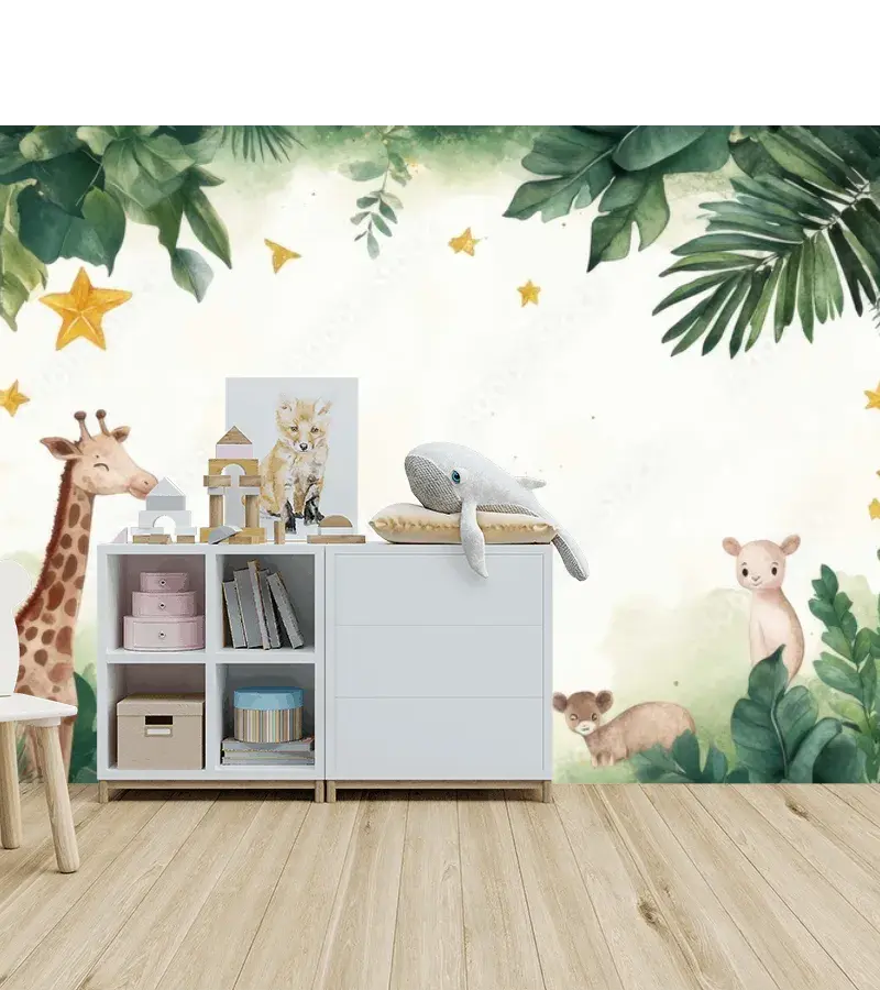 Mural Infantil Jungla Encantada para Paredes, Vinil Arquitectónico o Papel Tapiz