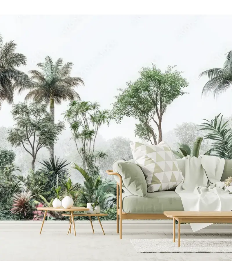 Modelo Mural Oasis Tropical en Vinil o Tapiz Texturizado para Decoración de Sala