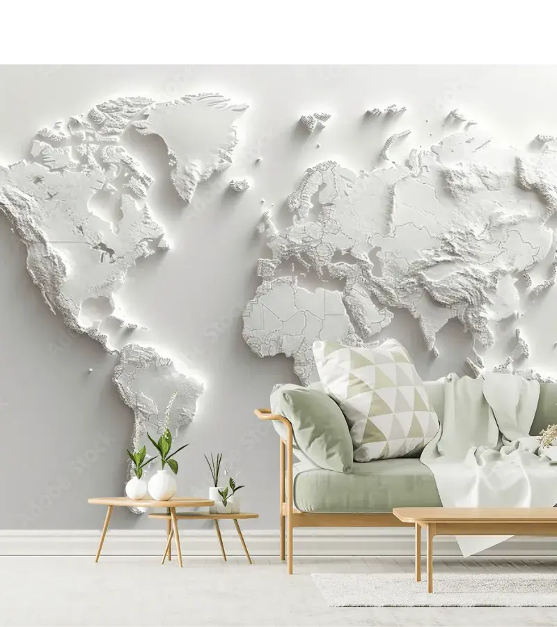 Papel tapiz Mapa Mundial Blanco 3D – Decoración elegante para paredes