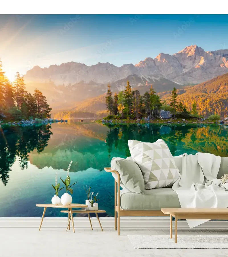Mural Amanecer Espejado en Lago Alpino – Fotomural Decorativo para Sala y Oficina