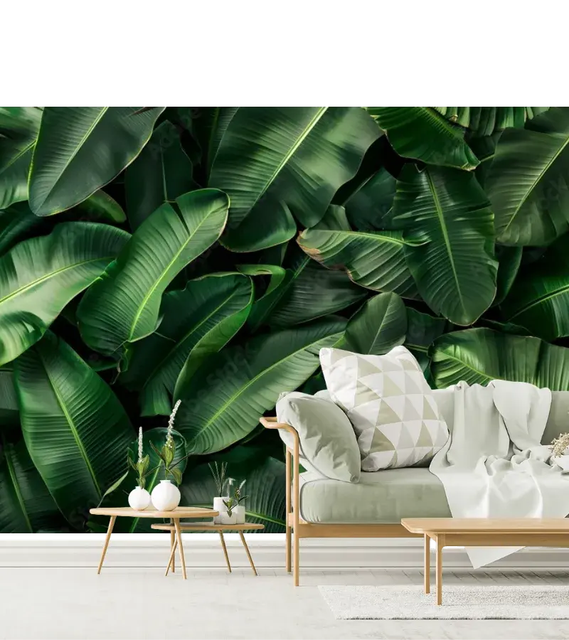 Modelo Mural Hojas Tropicales Verde Oscuro en Vinil Arquitectónico y Papel Tapiz