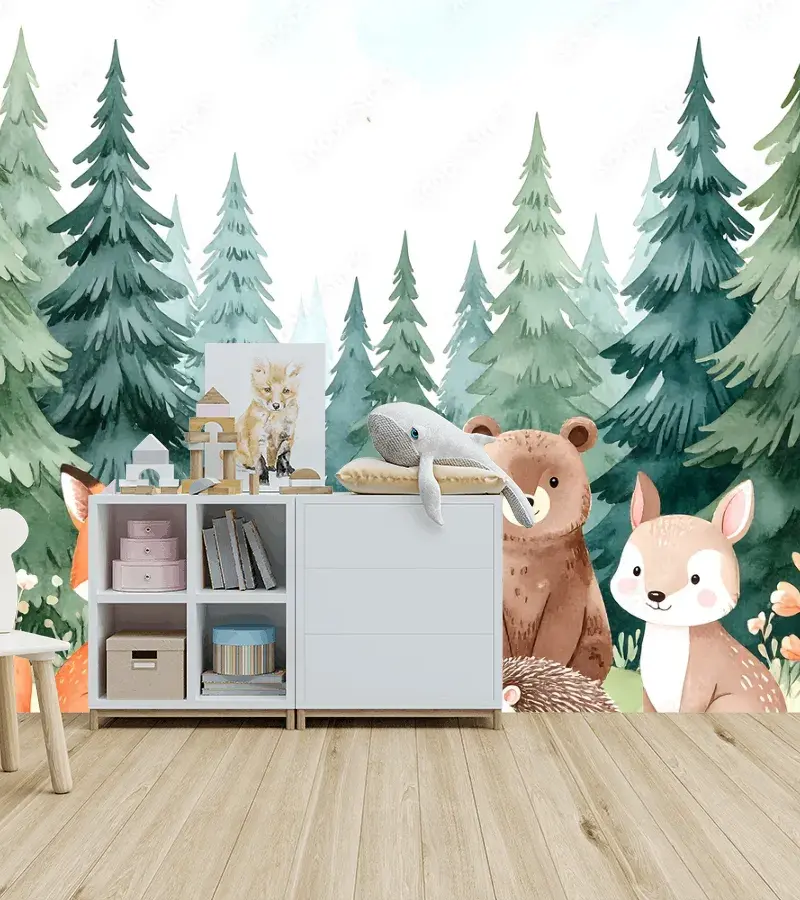 Mural Bosque Encantado Infantil Animales Papel Tapiz Decorativo