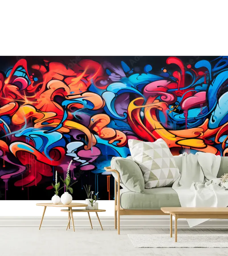 Mural Vibrante Graffiti Abstracción Urbana en Vinil Arquitectónico o Papel Tapiz