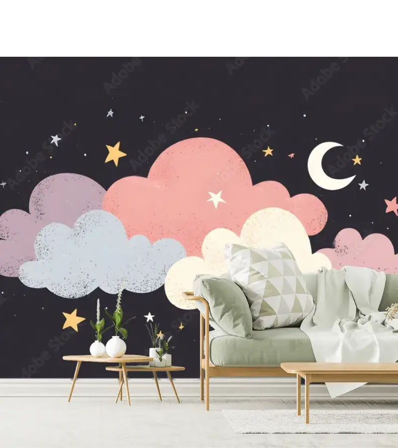 Mural Nubes de Ensueño Nocturno para Niños en Vinil Arquitectónico o Papel Tapiz