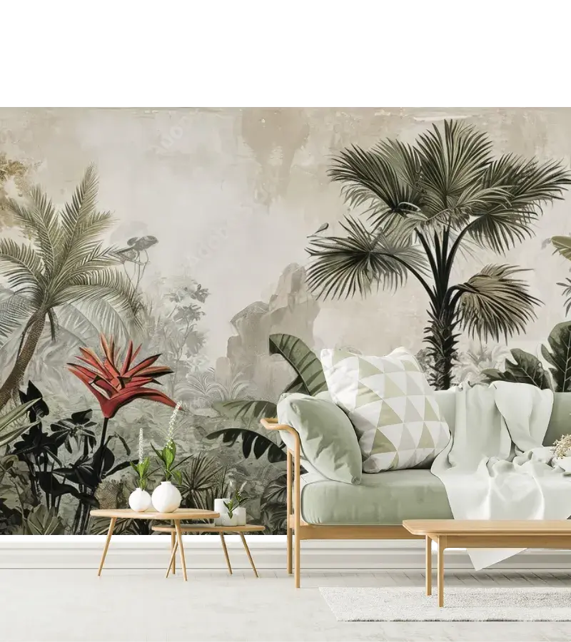 Mural Oasis Tropical - Vinil Arquitectónico, Tapiz Liso y Texturizado