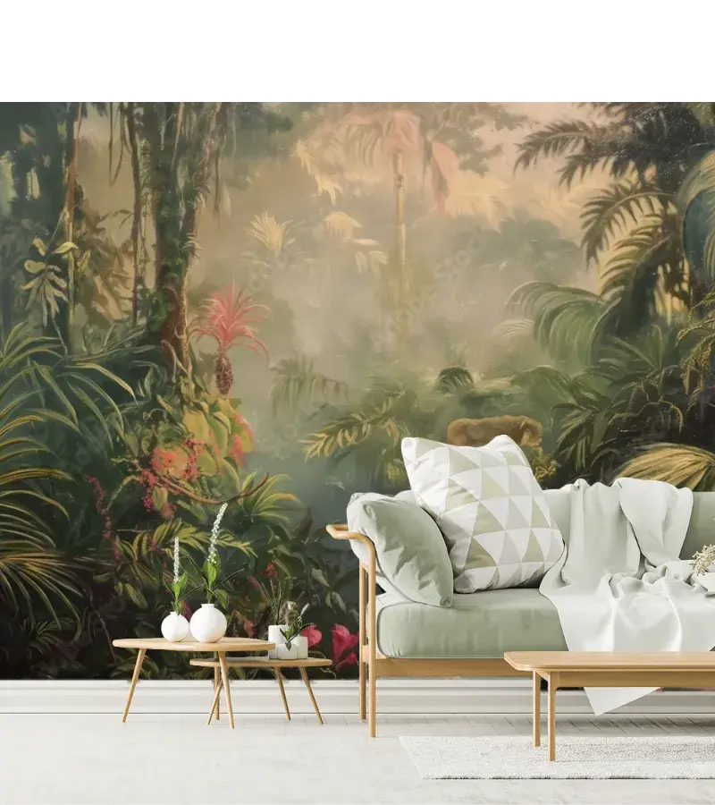Mural Modelo Paraíso Exótico Selva con Pavo Real - Vinil Arquitectónico y Papel Tapiz