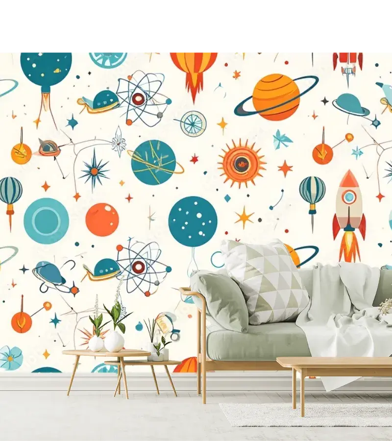 Mural Galaxia Retro para Niños - Vinil Arquitectónico o Papel Tapiz