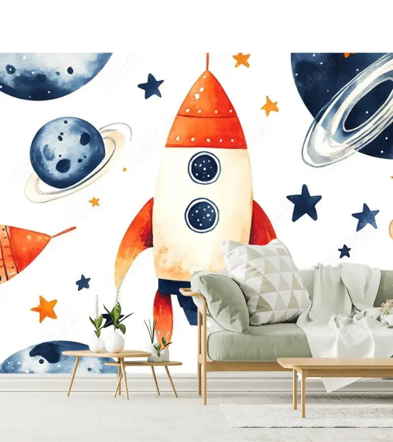 Mural Espacial Infantil Cohetes y Planetas