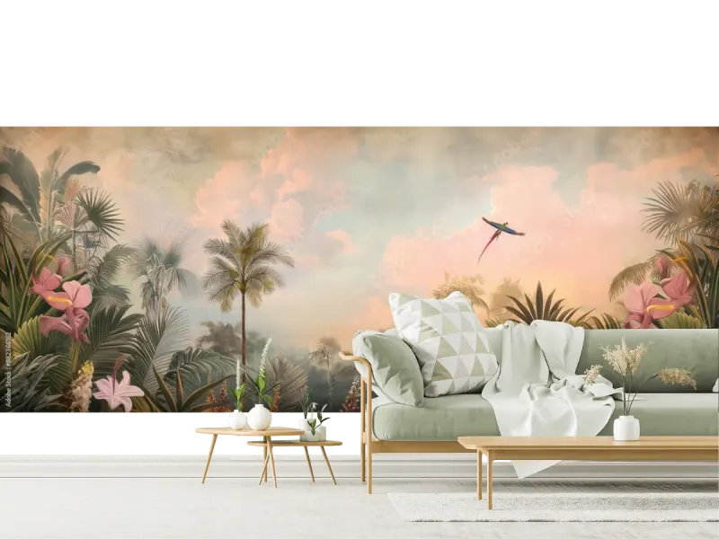 Mural Jardín Tropical Amanecer para Sala o Recámara - Vinil o Tapiz a Medida