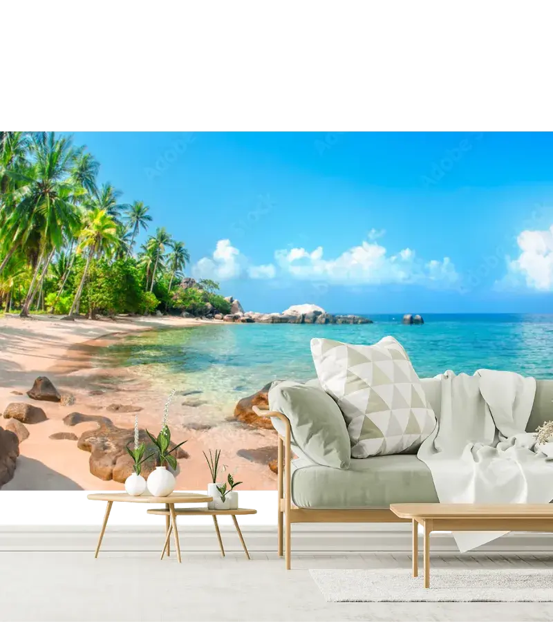 Mural Paraíso Tropical Azul – Fotomural Vinil Arquitectónico Decorativo