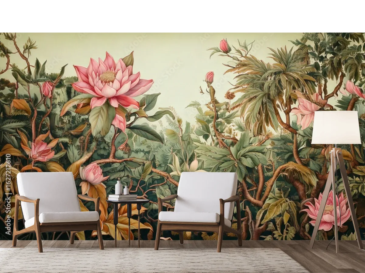 Mural Floral Exótico Jungle Lotus para Decoración de Sala - Vinil Arquitectónico