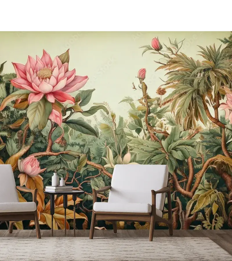 Mural Floral Exótico Jungle Lotus para Decoración de Sala - Vinil Arquitectónico