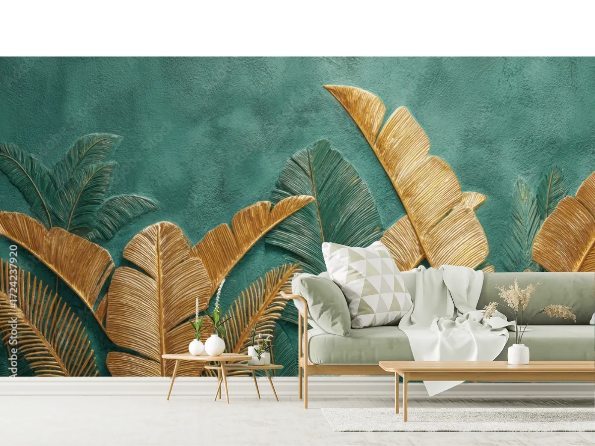 Mural Hoja Dorada Oasis Tropical Vinil Arquitectónico o Papel Tapiz