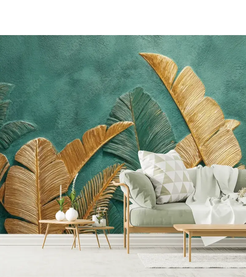 Mural Hoja Dorada Oasis Tropical Vinil Arquitectónico o Papel Tapiz