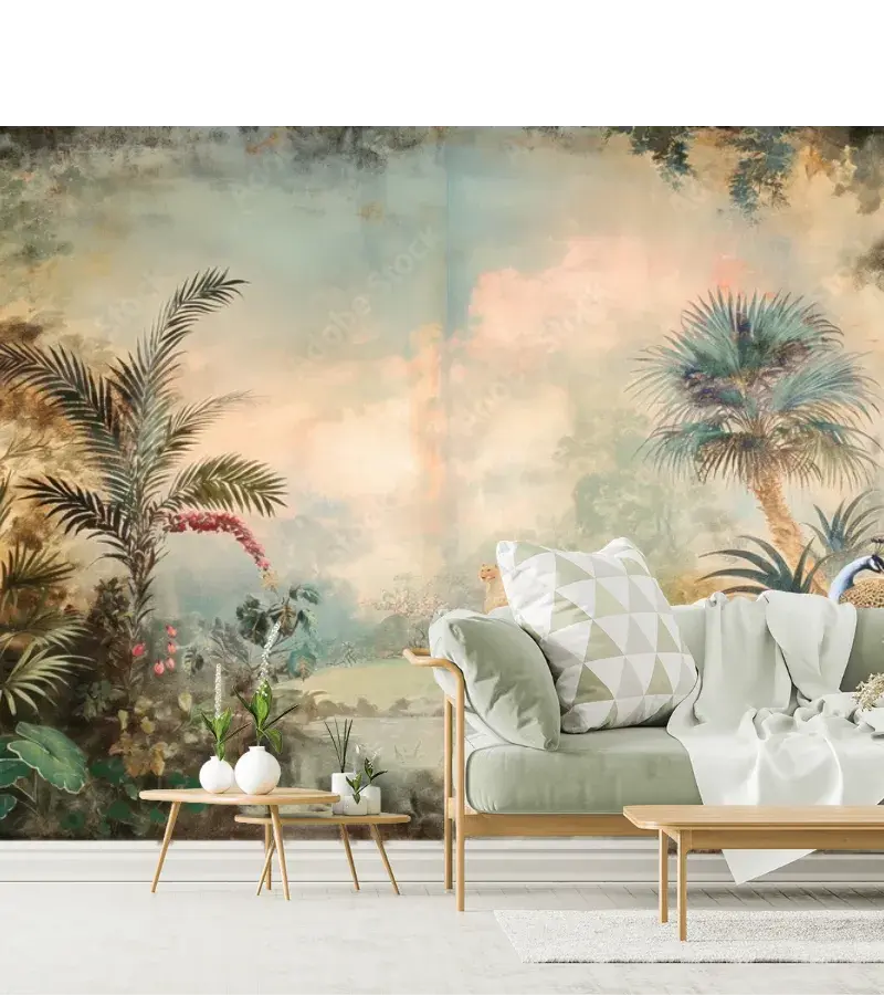 Mural Oasis Salvaje de Ensueño vinil arquitectónico para sala